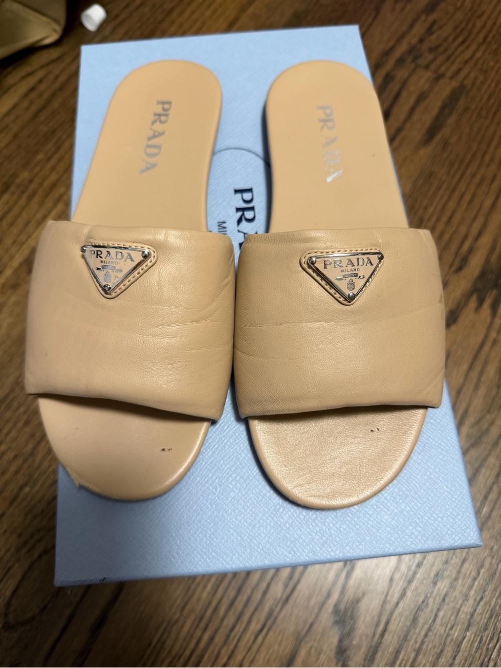 PRADA Nappa leather Nude/Tan Leather Slide Sandals with Logo Plaque